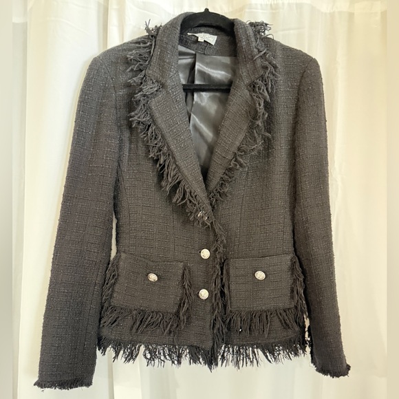 Vintage Jackets & Blazers - Serena Kay Paris Black Tweed Fringe Blazer | French Bouclé Jacket | Size 36/4-6